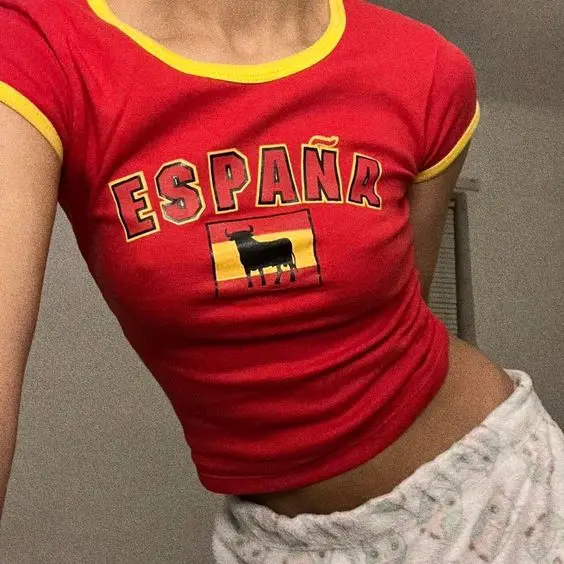 

Aesthetic Summer Baby Tee Tops Streetwear Gothic Harajuku Spain letter Graphic T-shirt Vintage Crop Top Women Y2K Club clothes