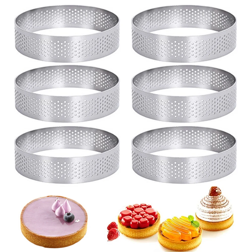 

6Pcs Circular Stainless Steel Tart Ring Tower Pie Cake Mould Baking Tools Perforated Cake Mousse Ring 6cm 8cm Doughnut Tools