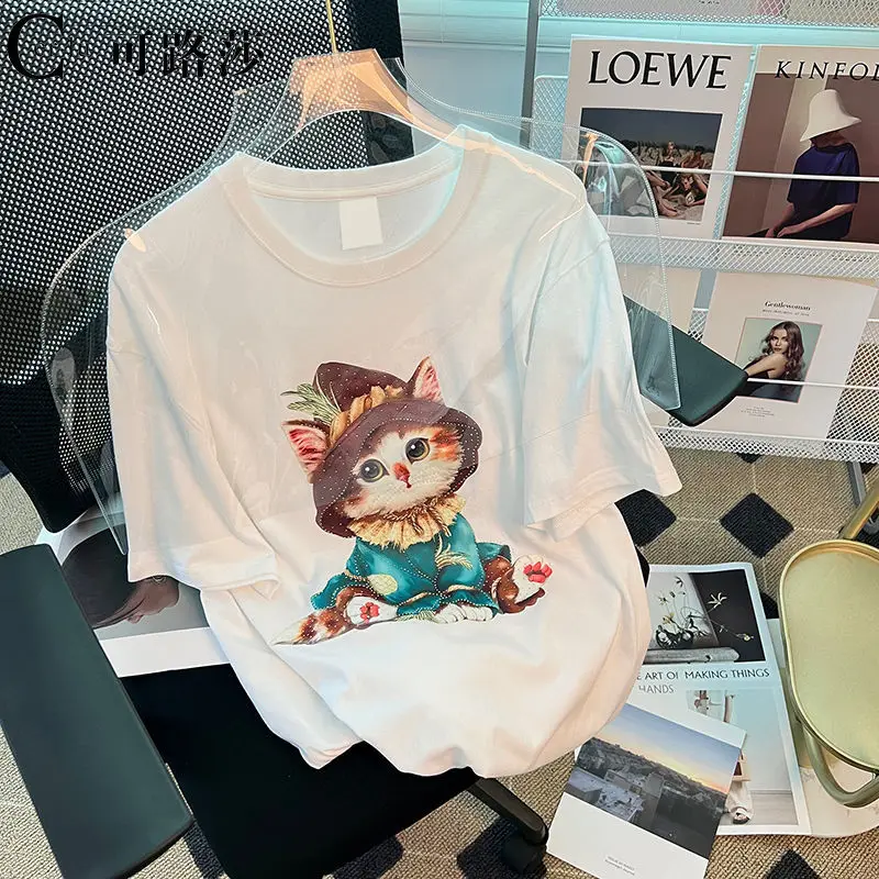

Summer New Cute Cat Pattern Cotton Short-Sleeved T-Shirt Women