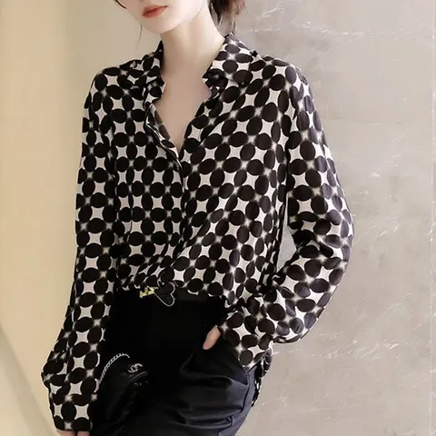 Блузка в горошек с принтом женская одежда для работы однобортная элегантная рубашка-поло с воротником-стойкой весна-осень 2024 Корейская Свободная рубашка