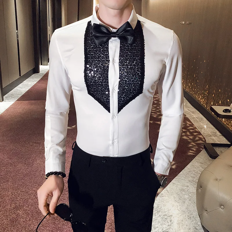 

White Black Tuxedo Shirt Men Sequins Patch Solid Long Sleeve Dress Slim Fit Shirts Stage Wedding Prom Gentleman Blouse Male