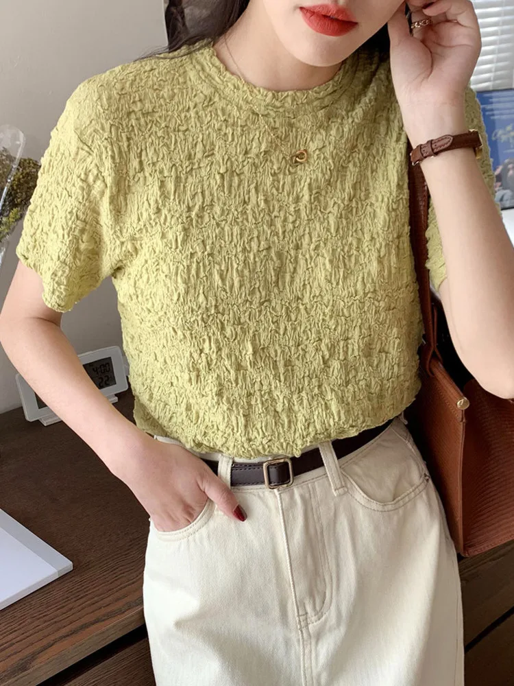 

Doornot Short Sleeve T-shirts Women 2022 Summer Fashion Shirring Minimalist Style Tshirt Office Lady Korean Basic Tops Tees