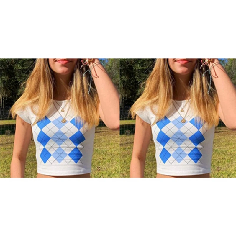 

Women's Diamond Check Printed T-Shirt Women's Short Tops White