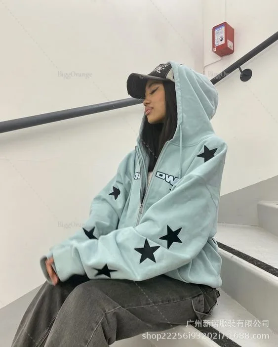 

Женская винтажная Толстовка со звездами и нашивками, мужская повседневная Свободная куртка на молнии в стиле хип-хоп, пальто в стиле Харадз...