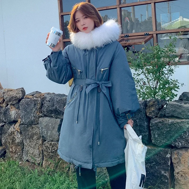 Winter Warm Space Cotton Jacket Ladies Solid Color Lace Zipper Fashion Thick Mid-length Parka Coat Jacket Ladies Thick Hooded