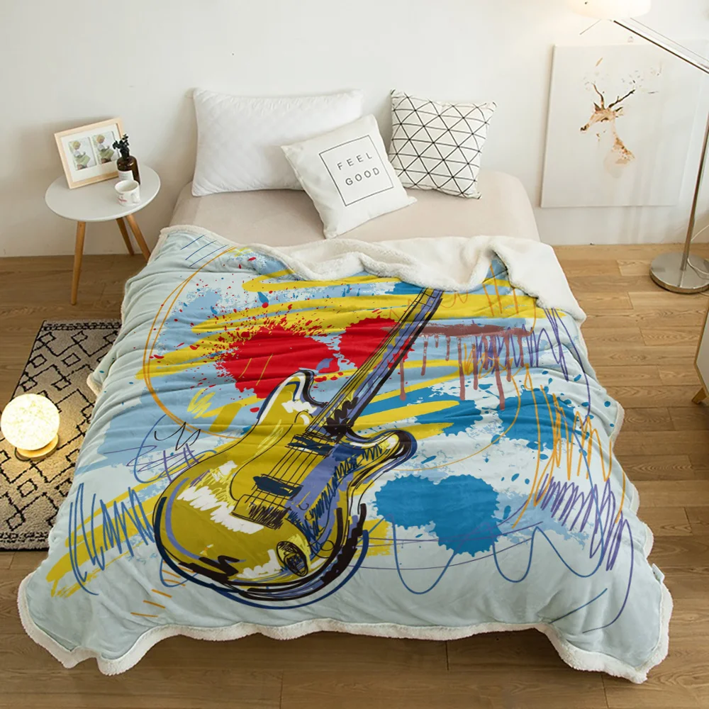 

Colorful Guitar Rock Music Splash Art Lamb Cashmere Fleece Blanket Home Bed Sofa Winter Sherpa Bedding Kids Thick Bedspread