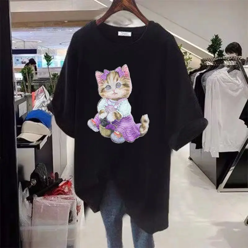 Роскошная Летняя женская футболка в стиле Харадзюку с бисером и бриллиантами