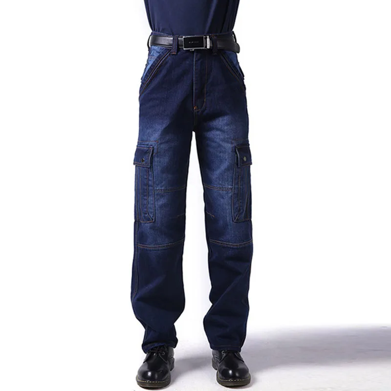 Men Cargo Baggy Jeans Pants Multi Pockets Hip Hop Denim Trousers For Male Size 30-44 Washed  Multi Pockets