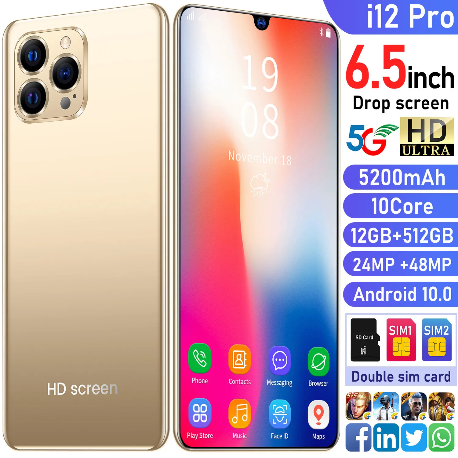 2022 global version 6 5 inch screen 5g smartphone 12gb512gb apple iphone i12 pro cellphone samsung huawei mobile phone free global shipping