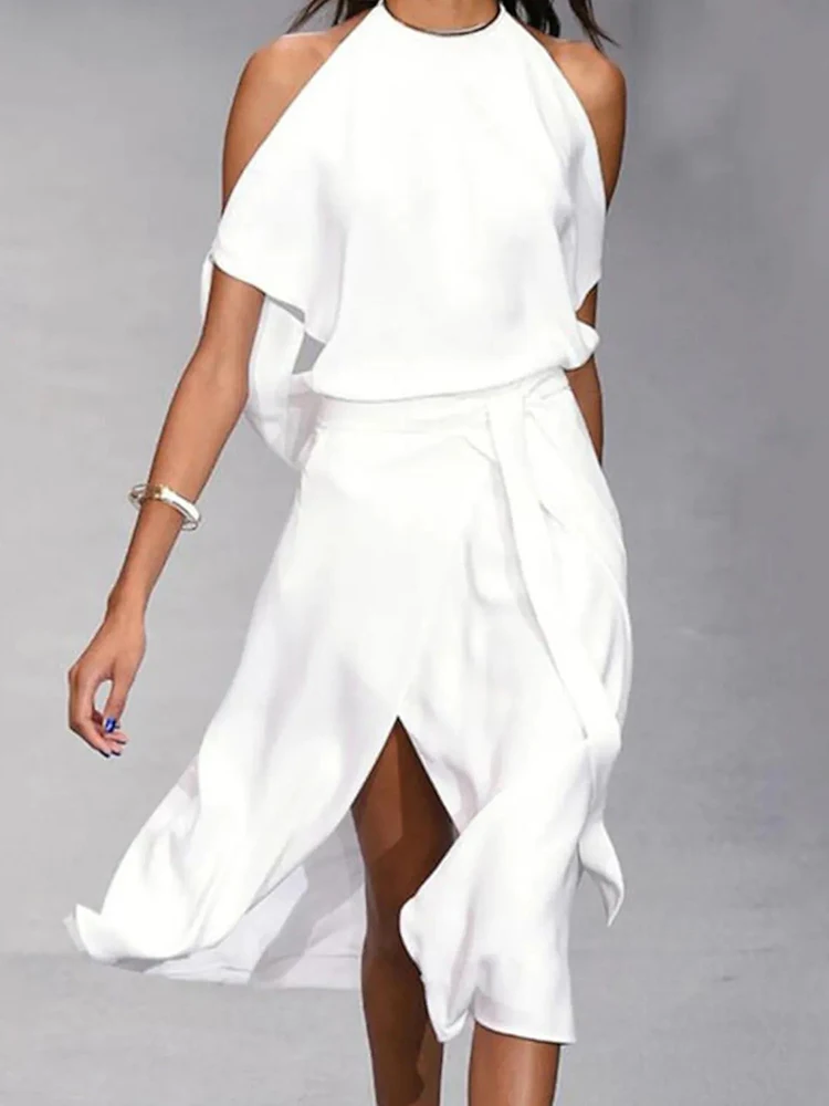 Женское платье с коротким рукавом однотонное Повседневное открытыми плечами и