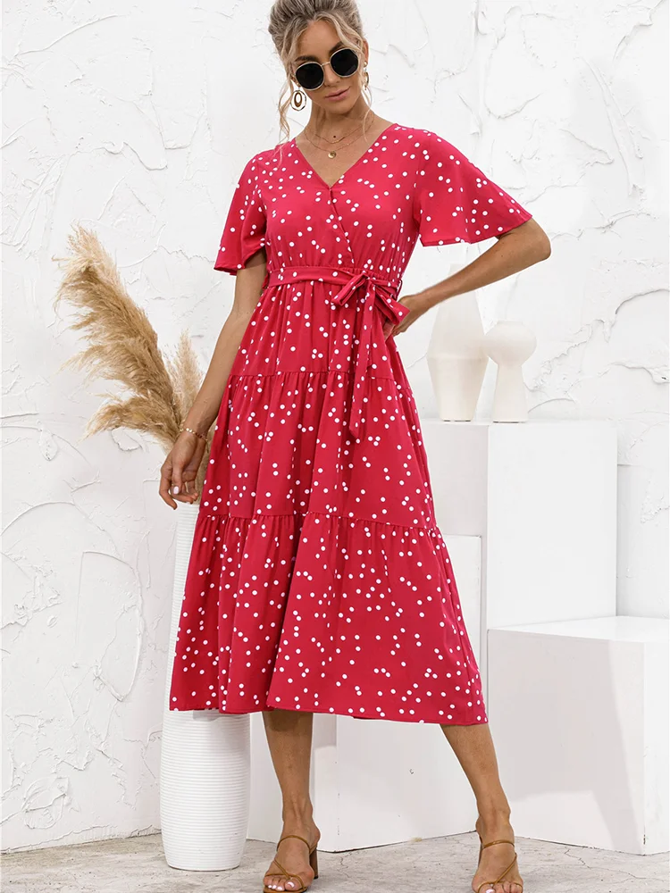 

Women's Boho Mid-long Summer Dress Sexy V-neck Cross Polka Dot Floral Print Polka Dot Matching Belt Oversized Dress