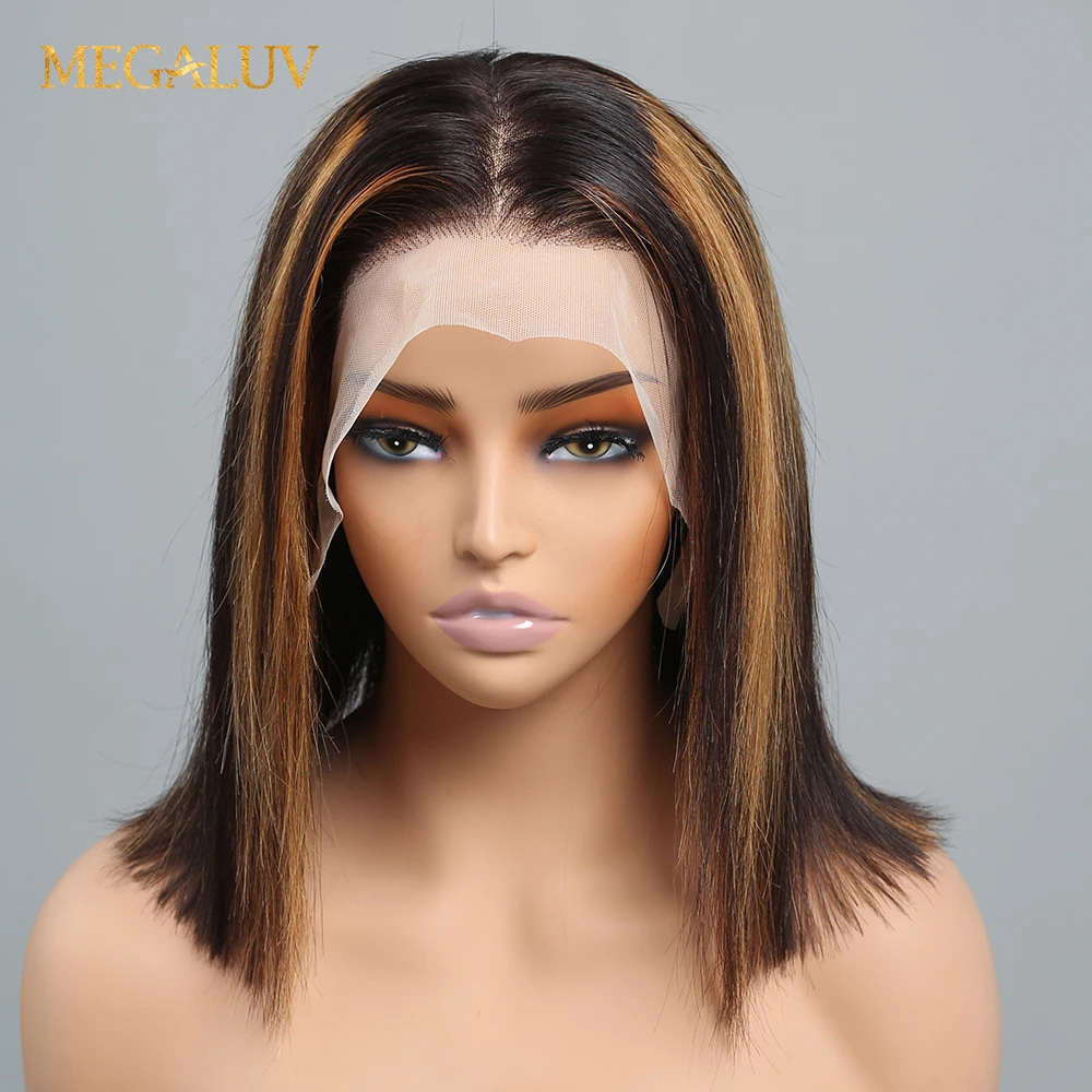 

14 Inch Highlight Straight Bob Wigs Human Hair For Women Pre Plucked HD Lace Front Wigs Remy Ombre 1BP30 Color Straight Bob Wig
