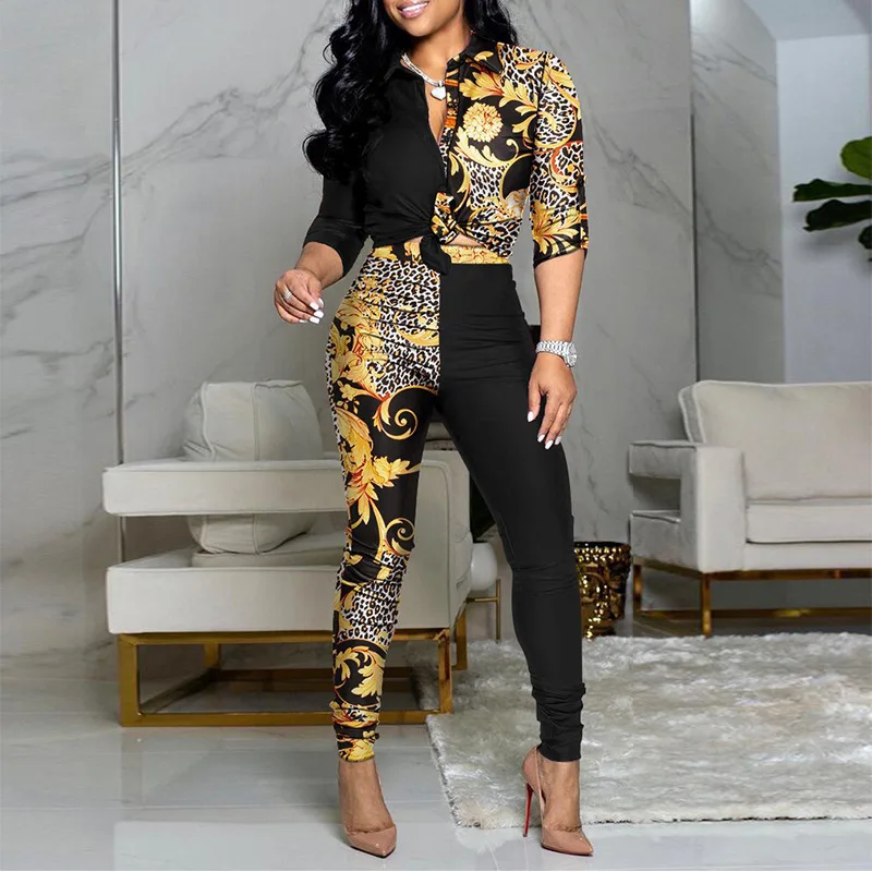 New Casual Set with Color Matching Printed Long Sleeved Lapel Shirt and Casual Pants Two-piece Set