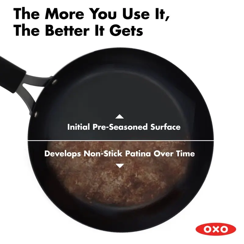 

2023 New Obsidian Pre-Seasoned Carbon Steel Induction Safe 12" Outdoor Frying Pan/Skillet with Silicone Sleeve, Black