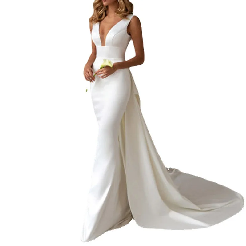 2022 New Party Women's Dress Sexy V-neck Sleeveless Tail Long Dress Wedding Guests Dress Ladies White Evening Dresseses