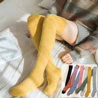 helisopus new candy color warm coral fleece stockings coral cashmere thigh high stockings winter female soft fluffy knee socks