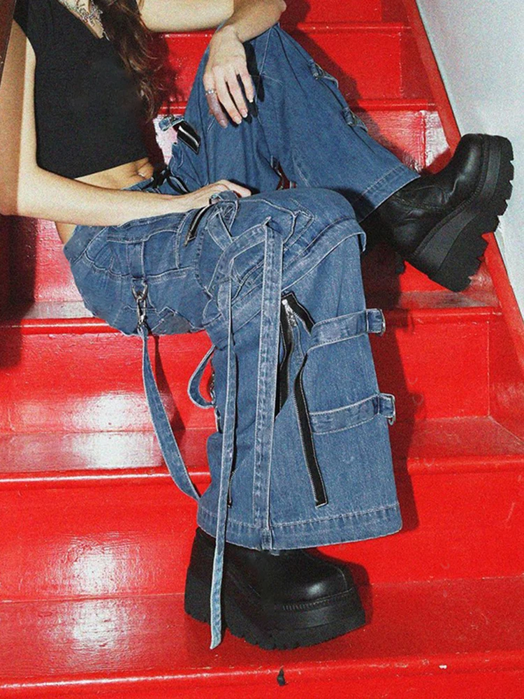 

Cuteandпсиходелические винтажные шикарные мешковатые джинсы на завязках на молнии Y2K, эстетичные широкие хлопковые штаны на пуговицах, уличная одежда, свободные брюки