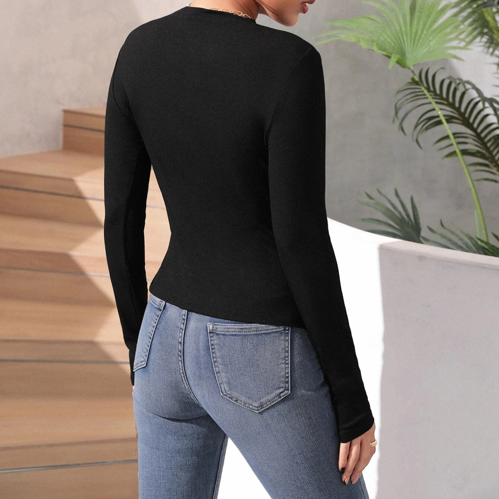 

Женский укороченный топ с круглым вырезом, Асимметричный топ с длинным рукавом, однотонный Повседневный облегающий топ, топ