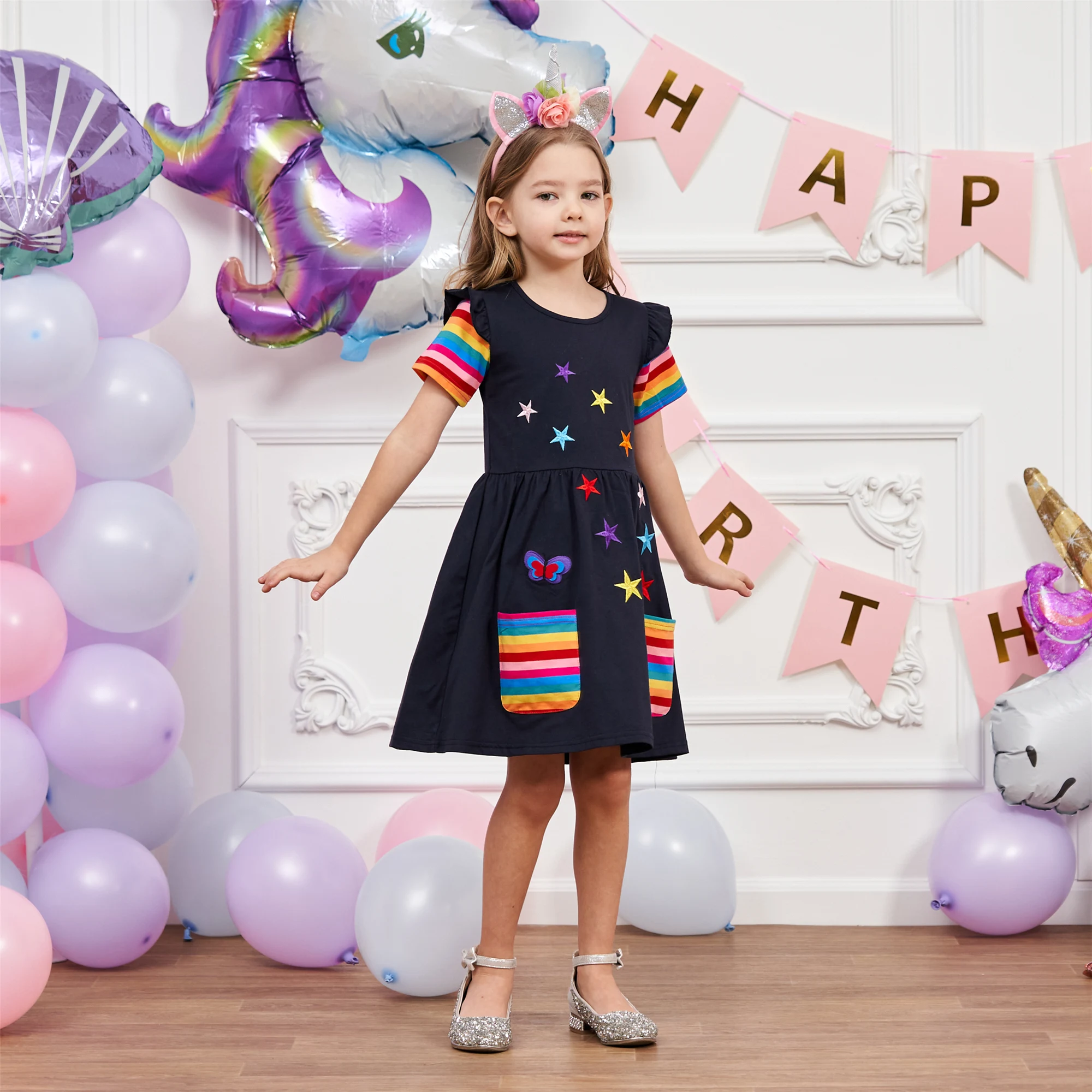 

Jxs Neat Girls Short Sleeve Dress Rainbow Pocket Little Star Summer Casual Pure Cotton Dresses for 3-8 Years SH81059