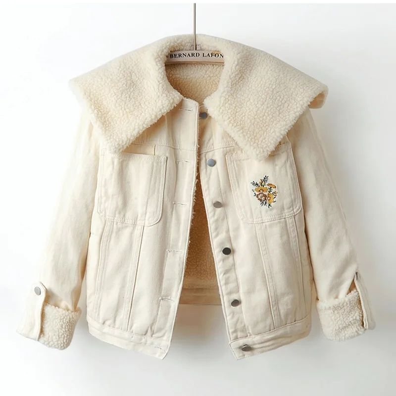 

Big Lapel Lambs Wool Denim Jacket Women Winter Thick Warm Loose Beige Cowboy Outerwear Big Pocket Embroidery Jeans Jacket Female