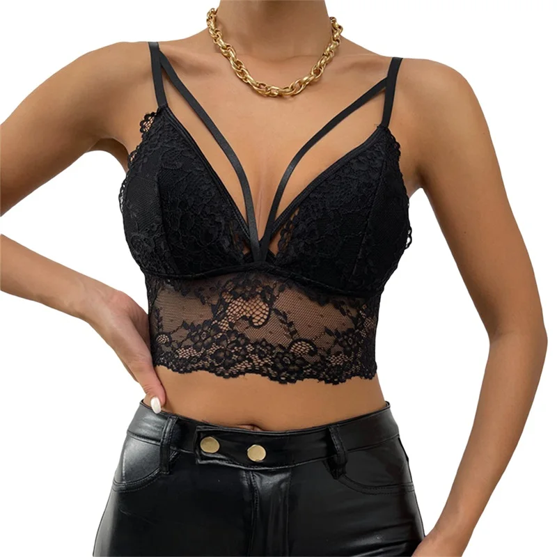 

Sexy Floral Lace V-Neck Sling Crop Tops Summer Sleeveless Backless Solid Color Vest Tank Tops for Women Lady Girl