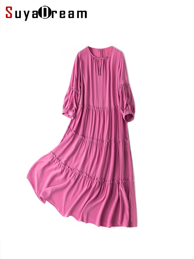 SuyaDream Women Maxi Dresses 100%Silk Crepe Lantern Sleeves Solid Long Dress 2023 Spring Summer Beach Style Clothes Green