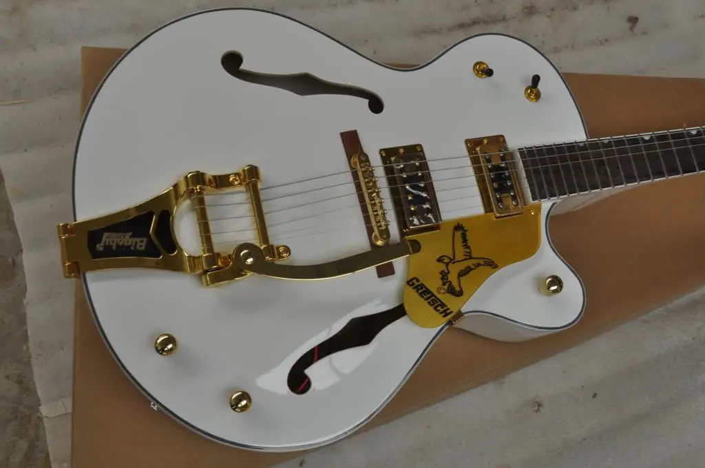 

free Shipping Factory Custom White Semi Hollow Body Jazz Electric Guitar With Bigsby Tremolo in stock 6120 62
