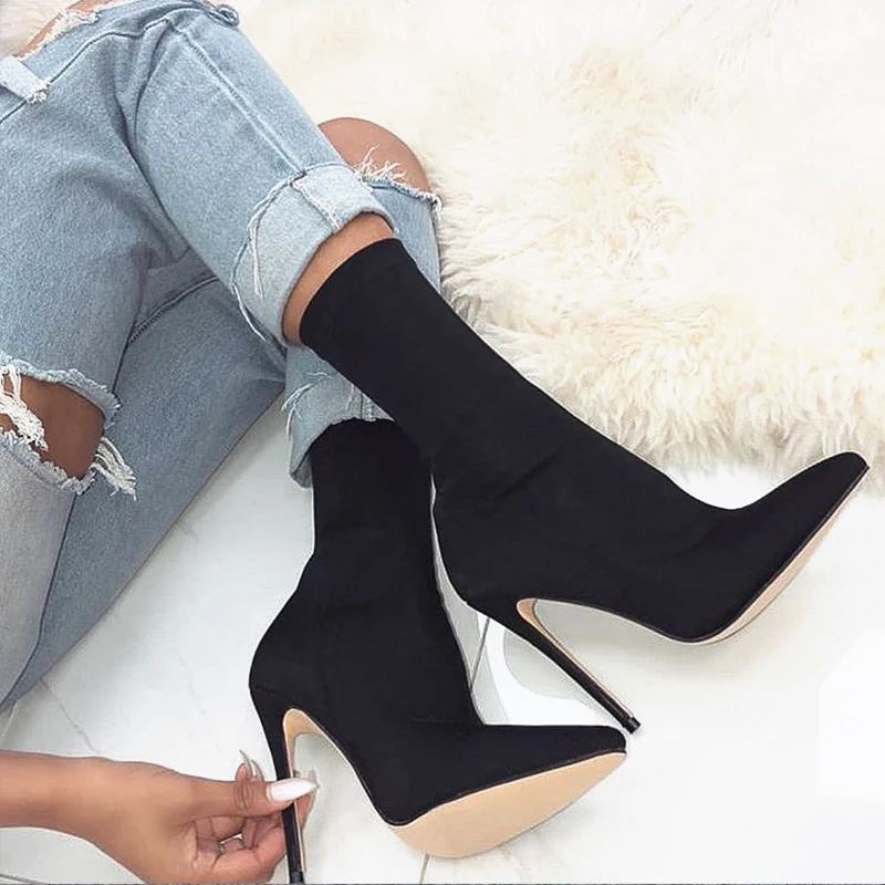 2023 Women 10cm High Heels Silk Sock Boots Female Green Short Ankle Boots Lady Stripper Winter Pointed Toe Gothic Designer Shoes