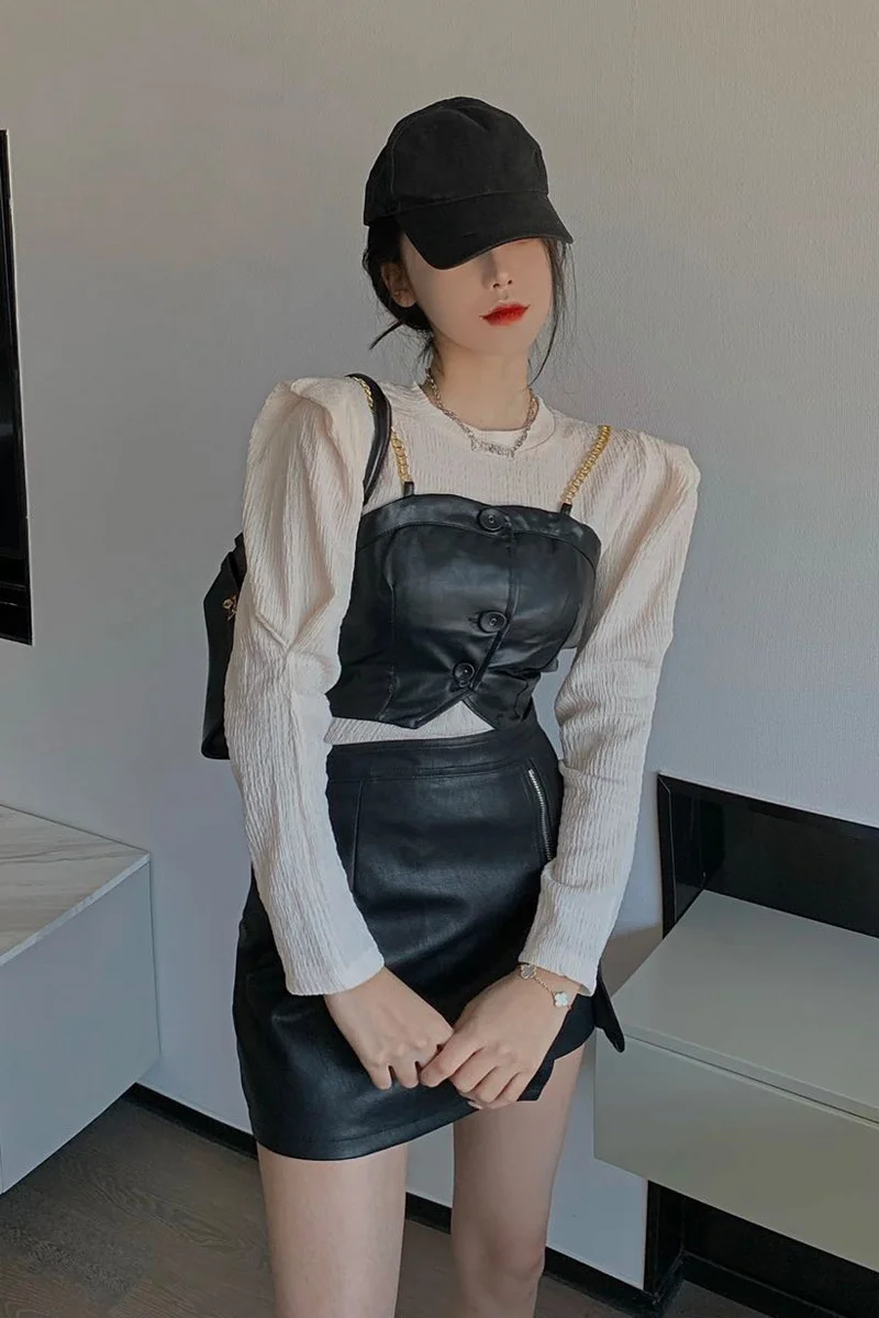 

3pcs Set Women Basic Puff Sleeve Tops + Leather Spaghetti Vest + Short Faux Leather Skirt For Women Three Pieces Set Female
