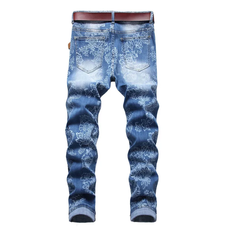 2022 High Quality Men Casual Jeans Flower Digital Printing Straight Biker Jeans Male Vintage Blue Denim Pants Hombre Plus Size