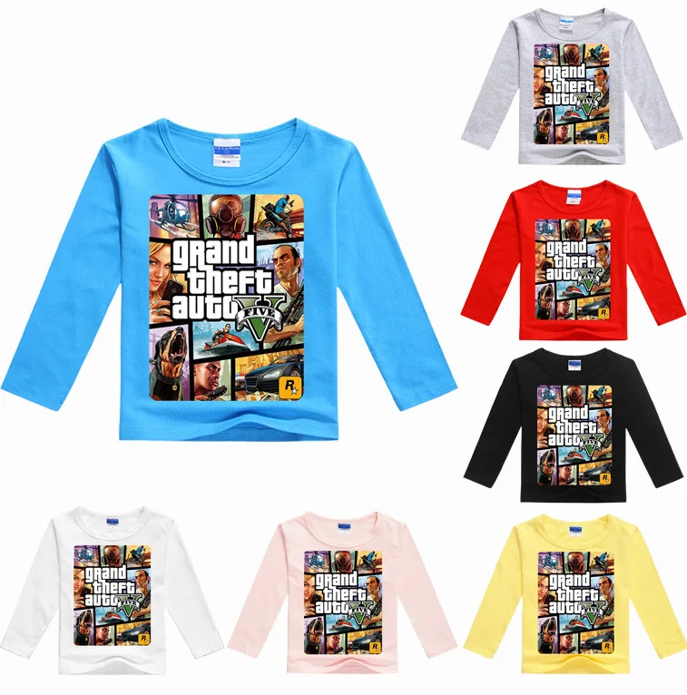 

От 2 до 16 лет Grand Theft Auto Game GTA 5, футболка с принтом, модные детские футболки, крутая одежда GTA5, топы с длинным рукавом для мальчиков и девочек, По...