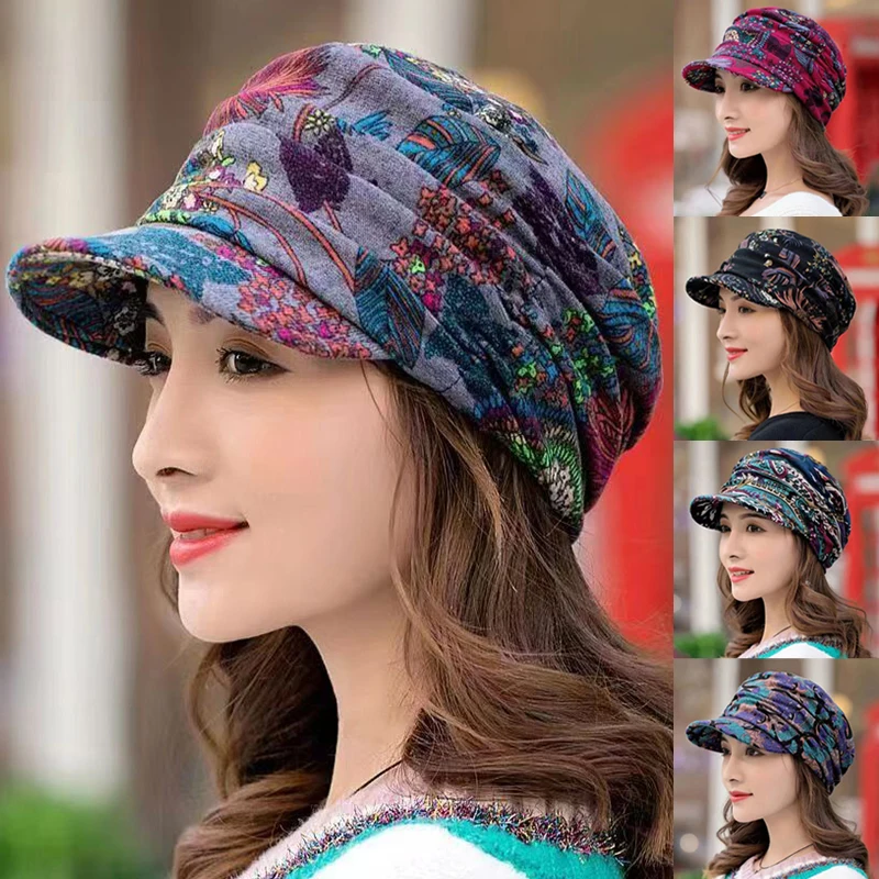 

Women Short Brim Hat Warm Foldable Earflap Women Cap Ethnic Style Floral Print Autumn Winter Middle Aged and Elderly Warm Hat