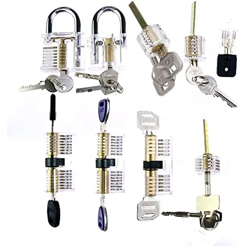 

9-Piece Practice Lock Set with Transparent Padlock Training Tool Set, for Lockpicking Training and Practice