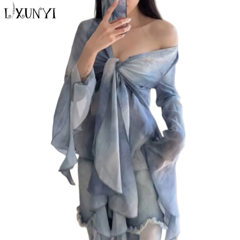 

LXUNYI Design Gradient Ribbon Shirt 2023 Spring Autumn Sexy Pure Desire Flare Sleeve Blouse V Neck Slim Printed Tops Long Sleeve