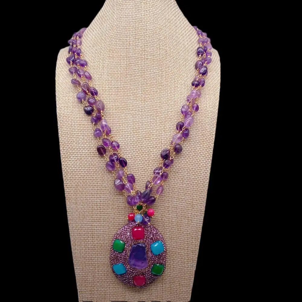 YYGEM 3 нити натуральный 8x10 мм фиолетовый аметист четки цепочка ожерелье 56x47 большой