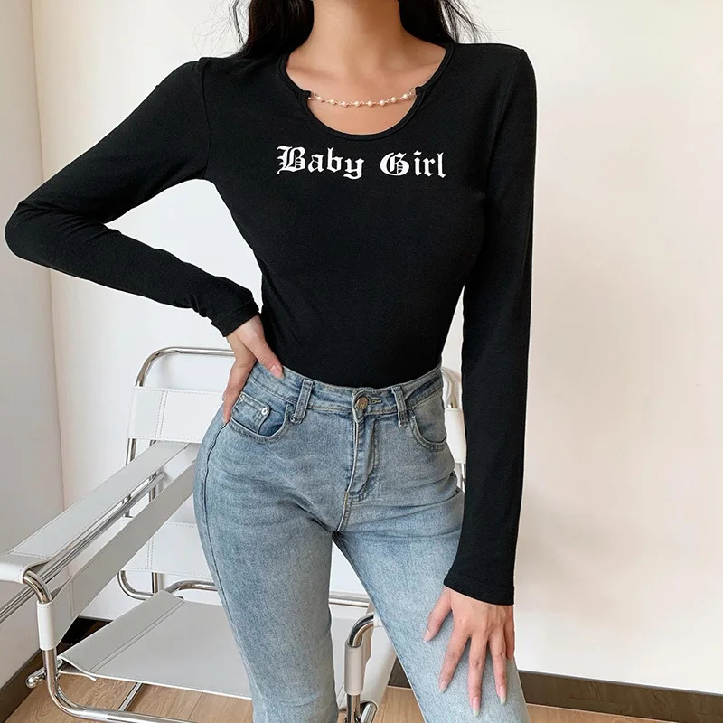 

Bodycon Hollow Out Front Gothic T-Shirts Punk Black Letter Printing Long Sleeve O-Neck Basic Women Tops