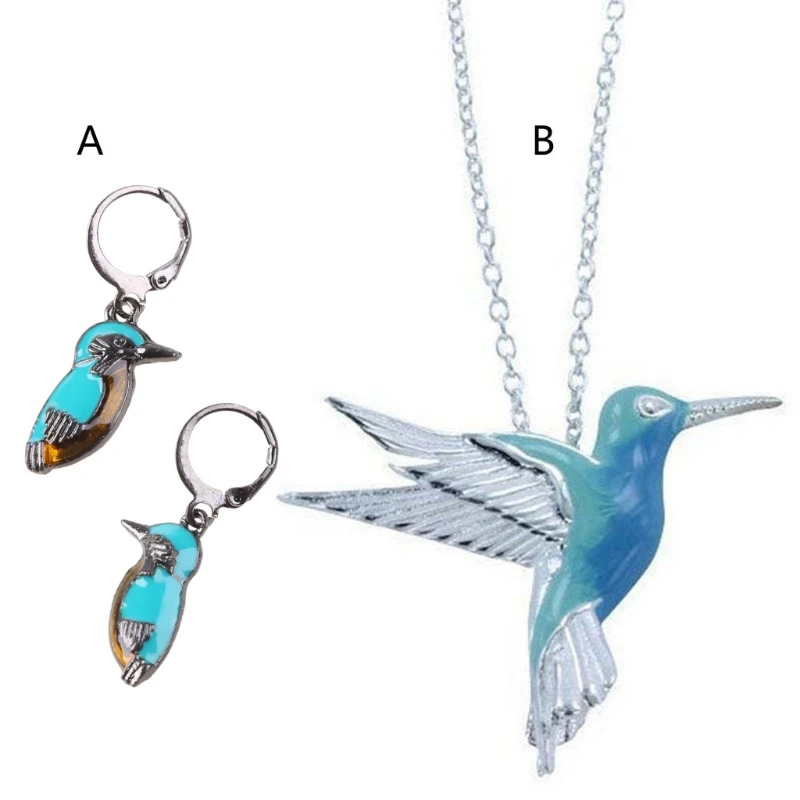 

Blue Bird Pendant Necklace Tiny Flying Hummingbird Oil Painting Earring for Girl 264E
