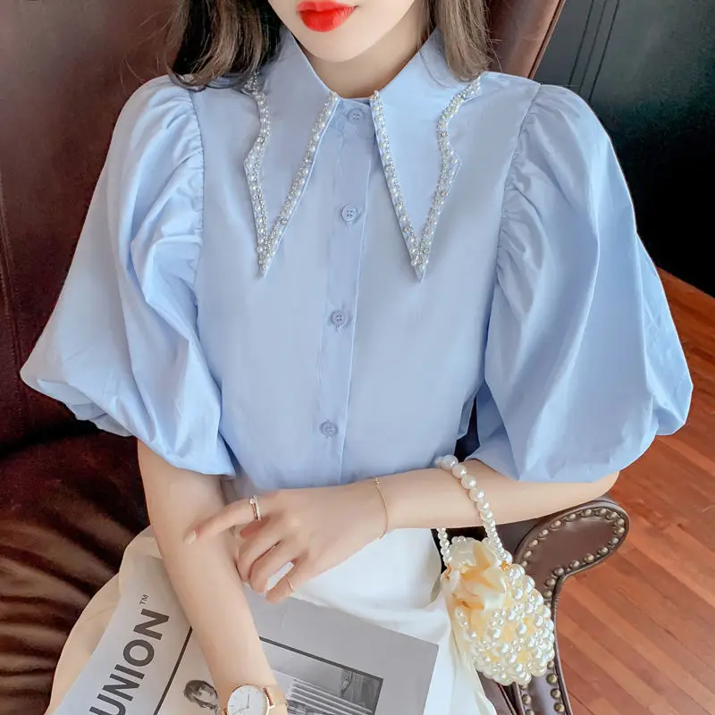 

2023 Summer Commute Solid Color All-match Blouse Female Clothing Turn-down Collar Single-breasted Chic Embroidered Flares Shirt
