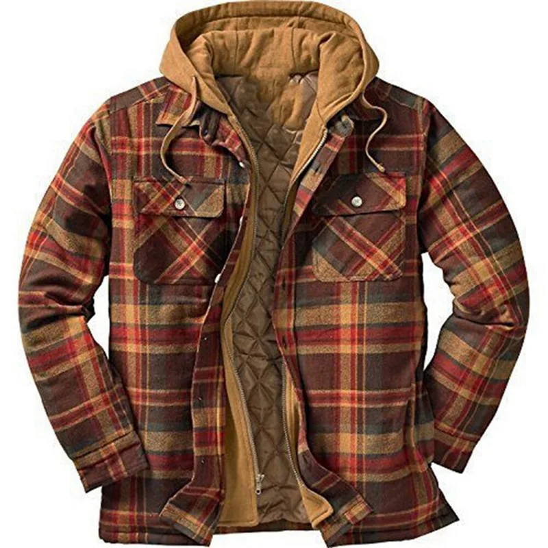 2022 New Men's Autumn and Winter Heavy Cotton Shirt Men's Plaid Print Loose Hooded Jacket