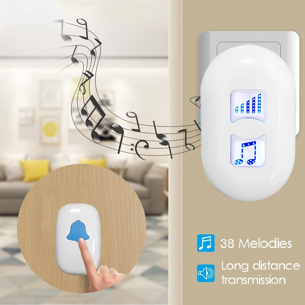 

Wireless Doorbell 85-240V Waterproof Adjustable Volun 200M Range Door Bell Low Price Home Alarm 38 Music Door Ring Easy Install