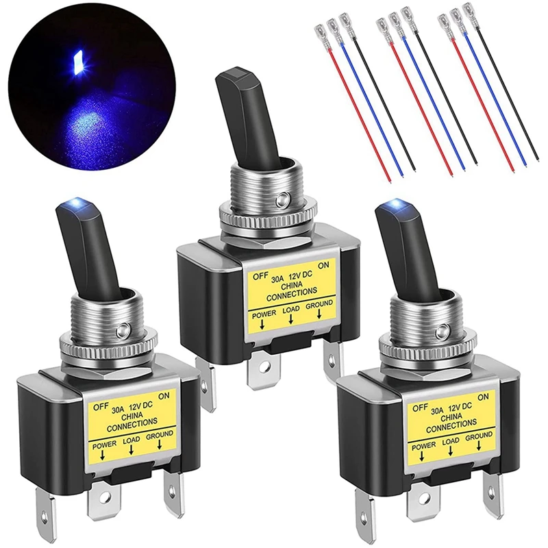 

6PCS ON Off Rocker Lighted Toggle Switch 30A 12V DC SPST 2 Position 3 Pin Blue LED Light Wired For Car Boat Automotive