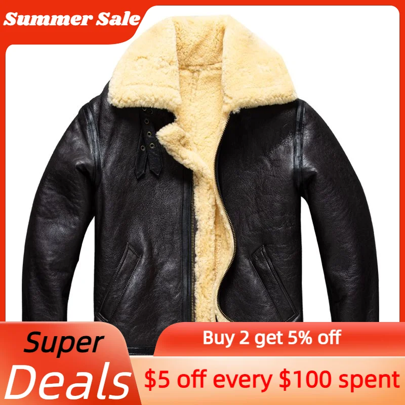 

Dark Brown Winter Men's Shearling Jacket Military Style Plus Size 5XL Natural Sheepskin Warm B3 Bomber Genuine Leather Coats