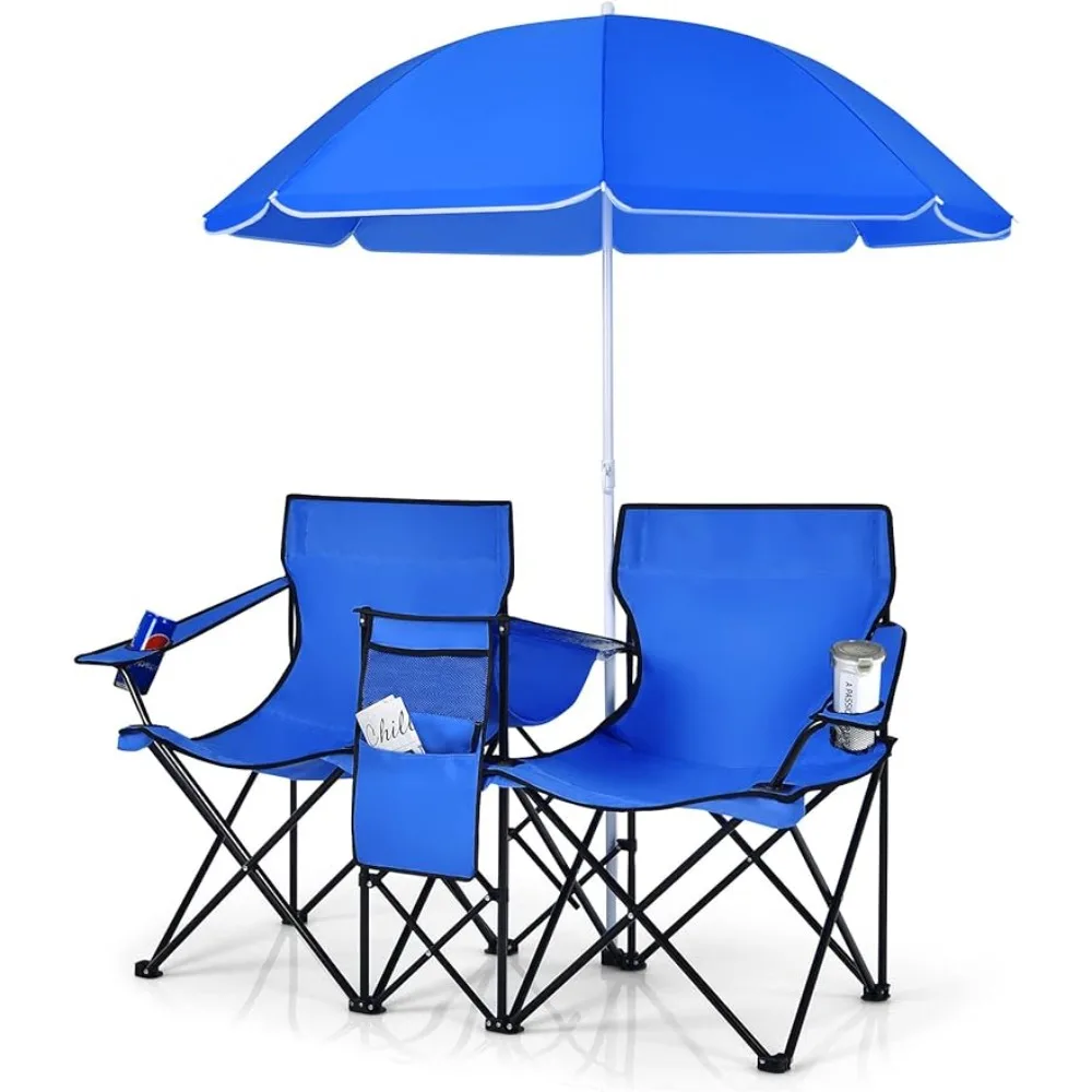 

COSTWAY Double Portable Picnic Chairs, Folding Camping Chairs w/Detachable Umbrella, Patio Beach Camping Chairs for Outdoors