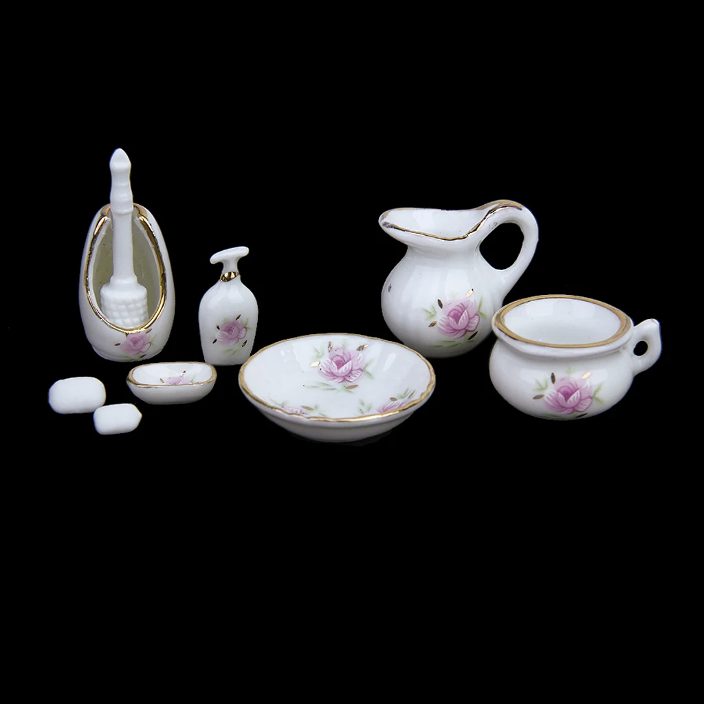 

MagiDeal Porcelain 8Pcs/Set Dollhouse Bathroom Accessory Floral Ceramic Children Toys Decoration Pastel Rose