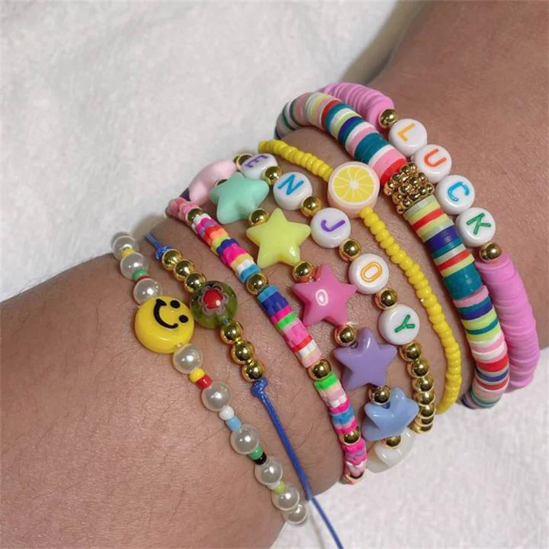 8pcs/set Boho Mix Color Star Letters Wings Butterfly Smiley Natural Stone Beads Hand Woven Bracelet Women Summer Beach Jewelry