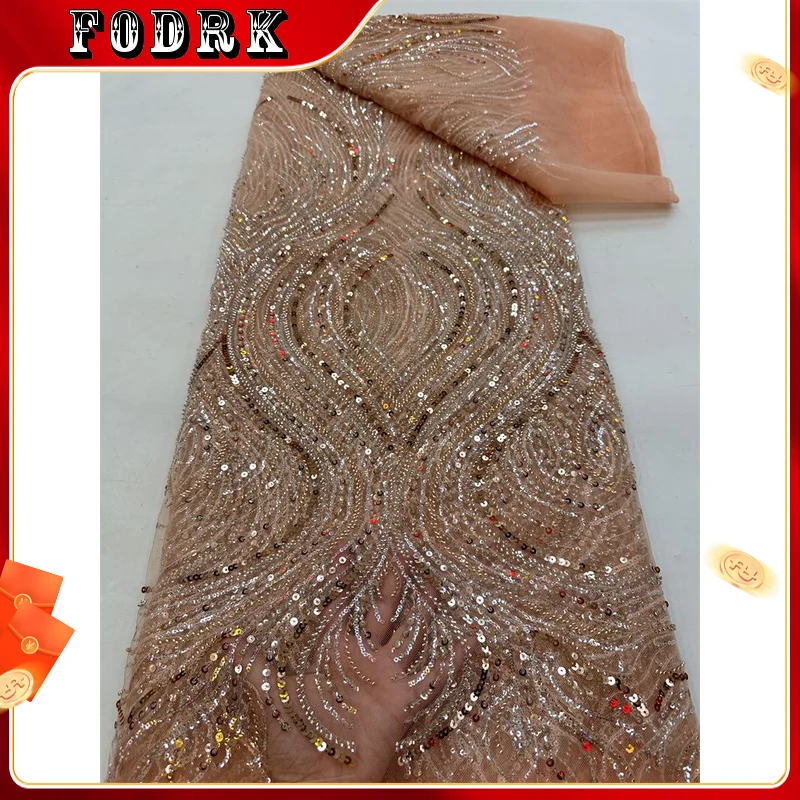 

2023 Beaded Lace Fabric Luxury Bridal French Net Tulle Embroidery Fabric for Wedding African Lace Material Fabric 5 Yards