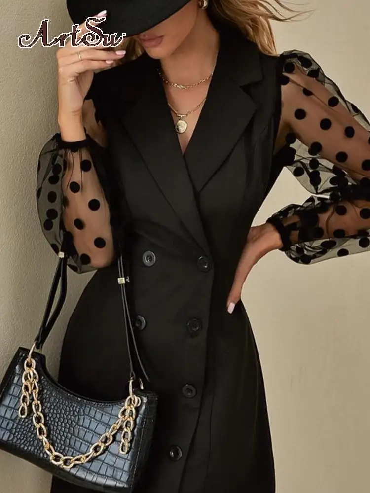

Artsu High Waist Temperament Dresses Spliced Wave Dot Mesh Wrap Dress French Elegant Dres Women Clothes 2022