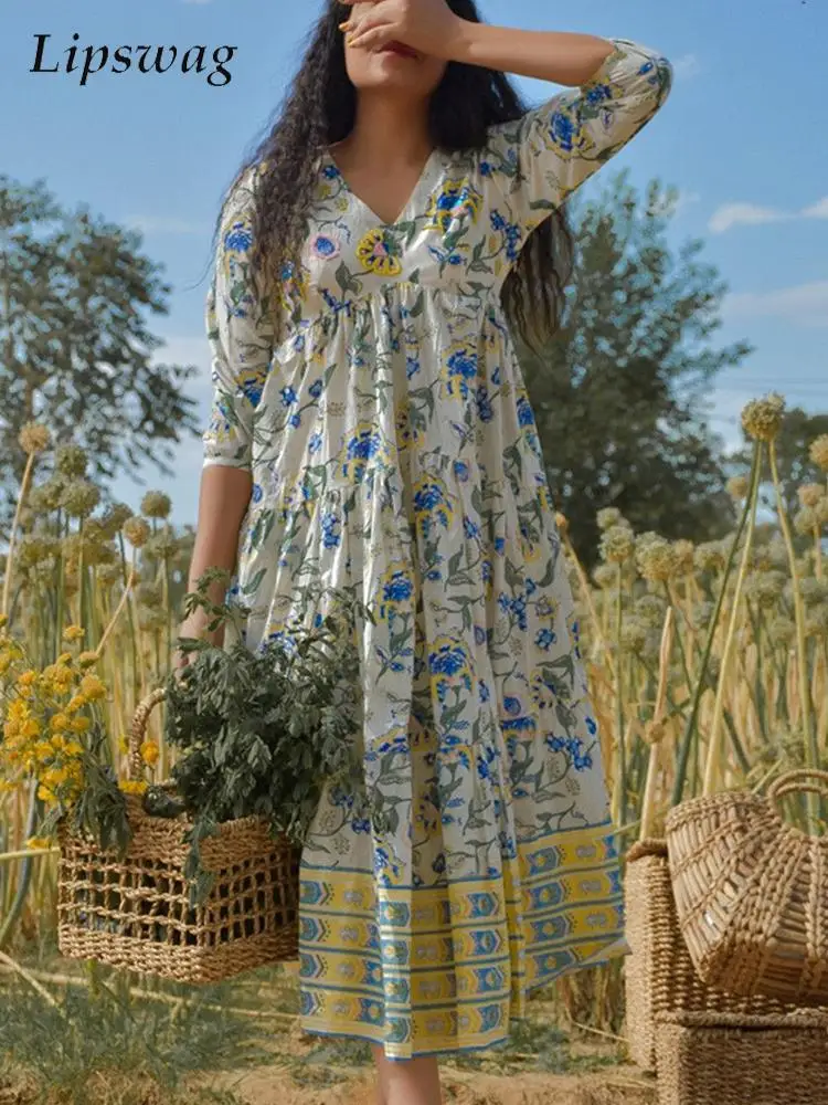 

Women Retro Ethnic Print Long Shirt Dress 2022 Spring V Collar Floral Print Long Dress Autumn Long Sleeve Hem Pleated Maxi Dress