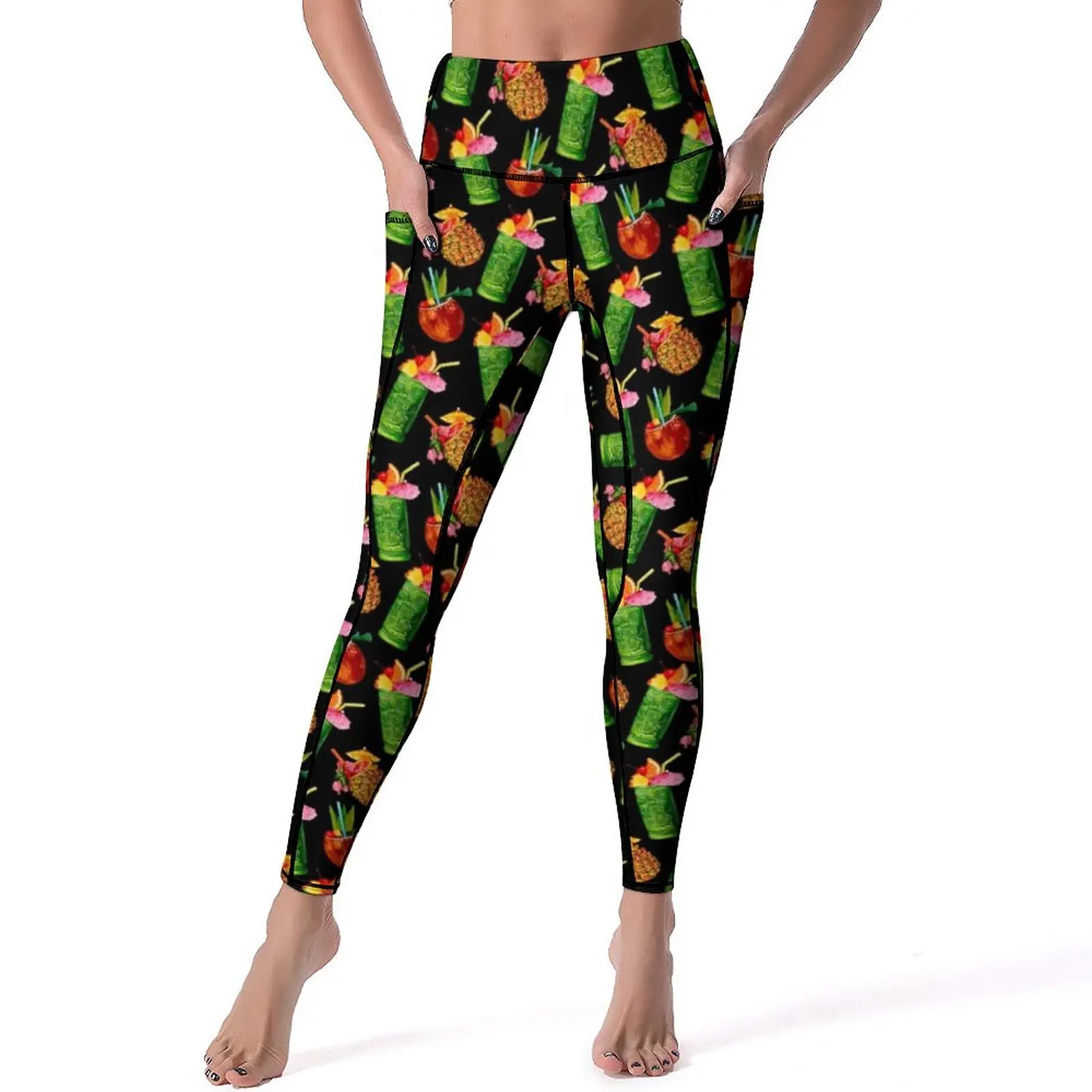 

Pineapple Quality Leggings Tiki Cocktail Pattern High Waist Yoga Pants Fashion Quick-Dry Leggins Women Gym Sports Tights