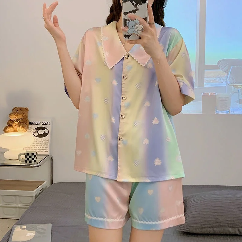 QWEEK Three Pieces Women's Satin Pajamas Summer Sleepwear Japanese Sweets Trouser Suits Print Suits with Shorts Home Wear